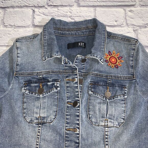 Kut from the Kloth Medium Jean Jacket Distressed Stretch Trucker Blue Denim - Picture 3 of 12